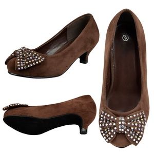 Girls Suede Dress Heel Pumps Bow HEART-97